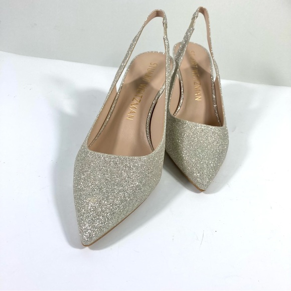 NWB Stuart Weitzman Linsi 75 Pointed Toe Glitter Slingback Pump Glitter Platino - Picture 13 of 17
